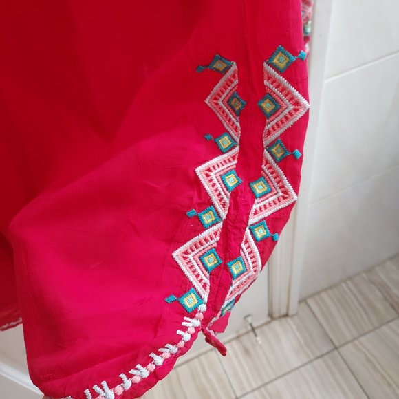 Johnny Was Red Floral Embroidered Tie Yoke Neck Georgette Tunic Top Blouse - Picture 5 of 7